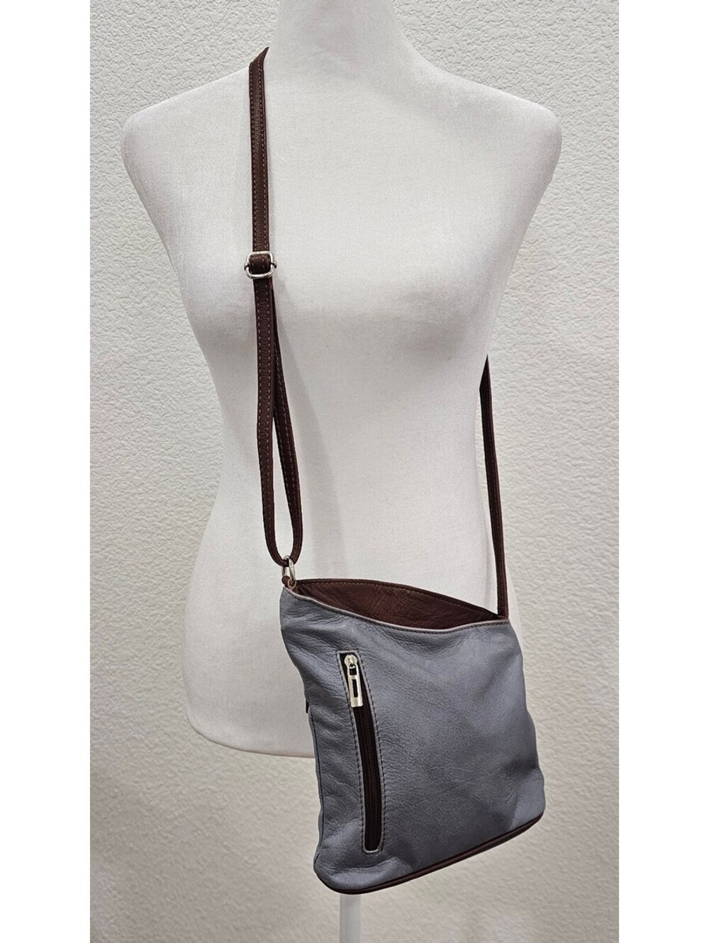 Vera Pelle Italy Gray Brown Genuine Leather Crossbody Bag Small